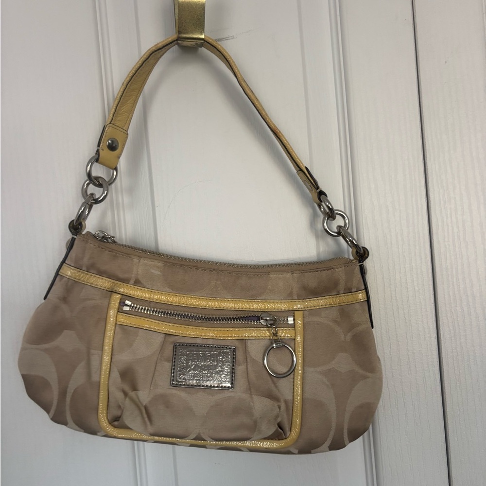 Coach Beige Signature Canvas Shoulder Bag with Yellow Trim